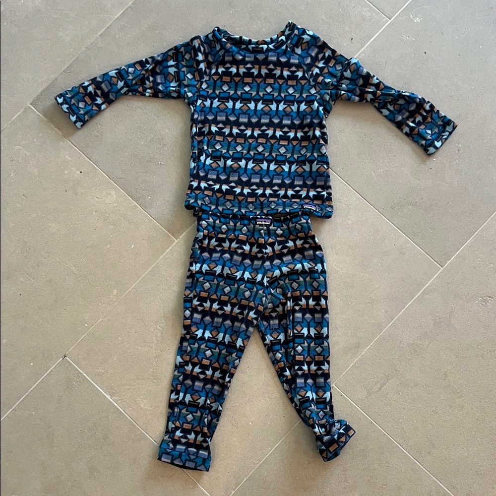 Patagonia Kids Pajama Set in Blue and Black Geometric Pattern